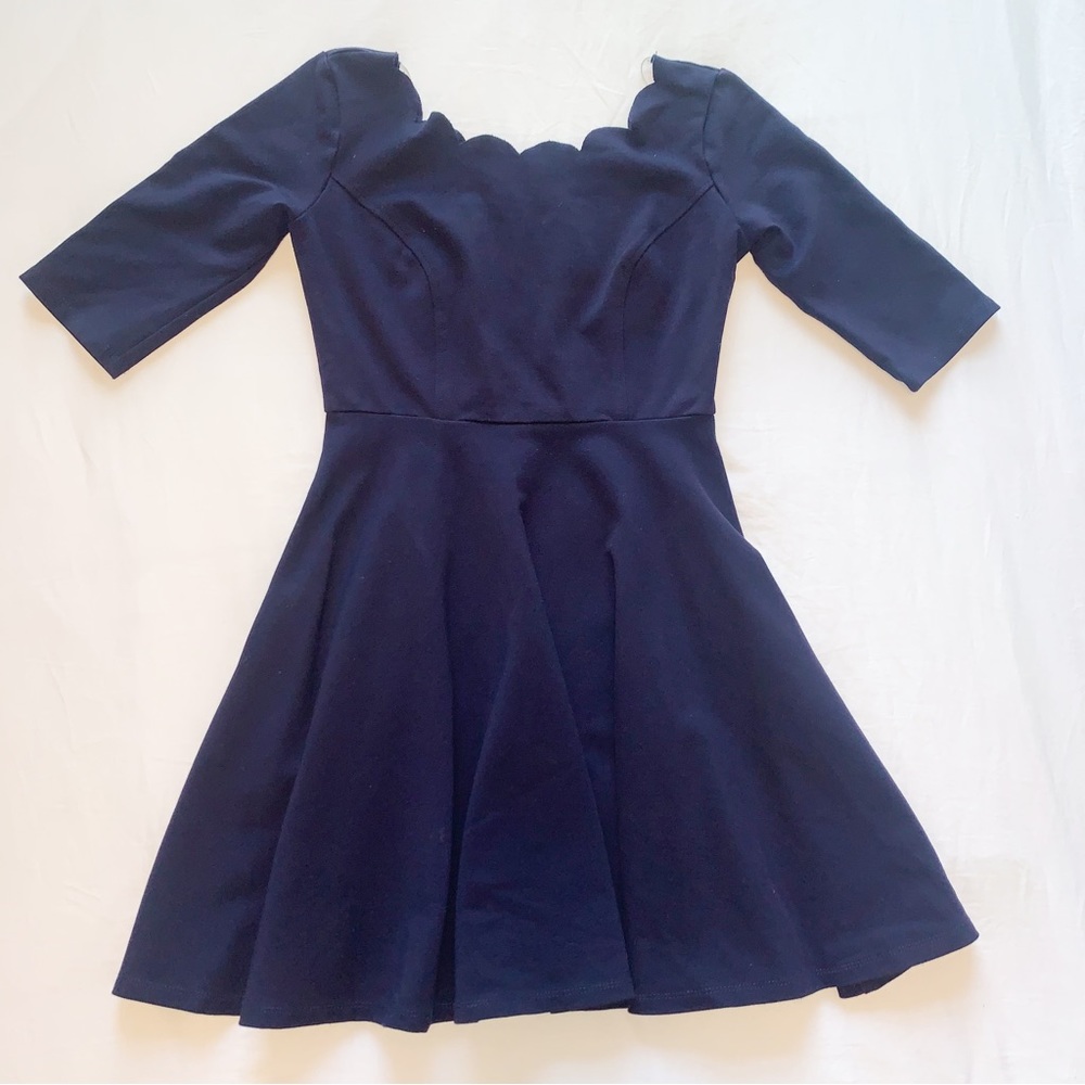 Navy Blue Fit and Flare Dress with Scallop Neckline